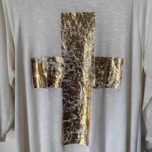 Moa Moa Womens Top Sheer Metallic Cross Blouse Size L Graphic Casual Lighweight